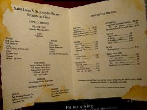 Actual menu off the steam boat